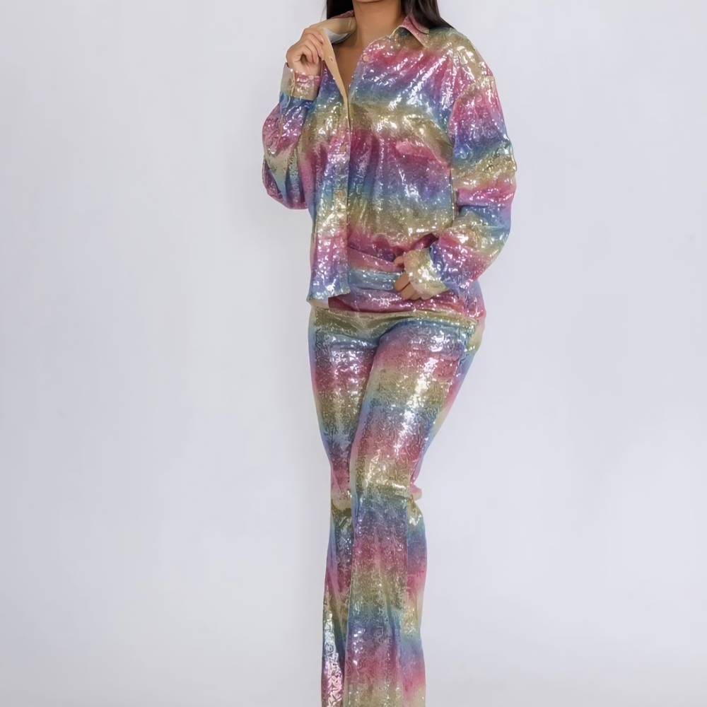 CH8 NWT Main Strip Multicolor Sequin Pantsuit Blouse Flare Leg 2 Pc Sm Md Lg - Picture 2 of 11